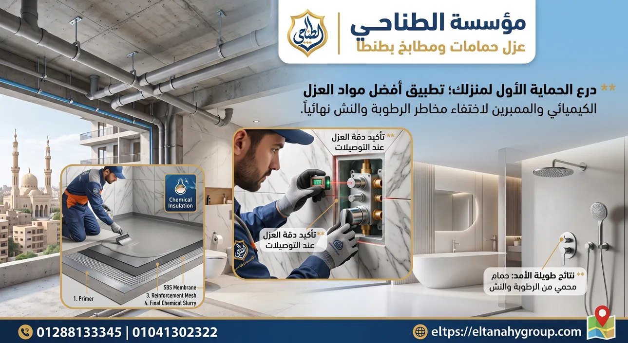 عزل حمامات ومطابخ بطنطا بأفضل مواد العزل الكيميائي والممبرين مؤسسة الطناحي